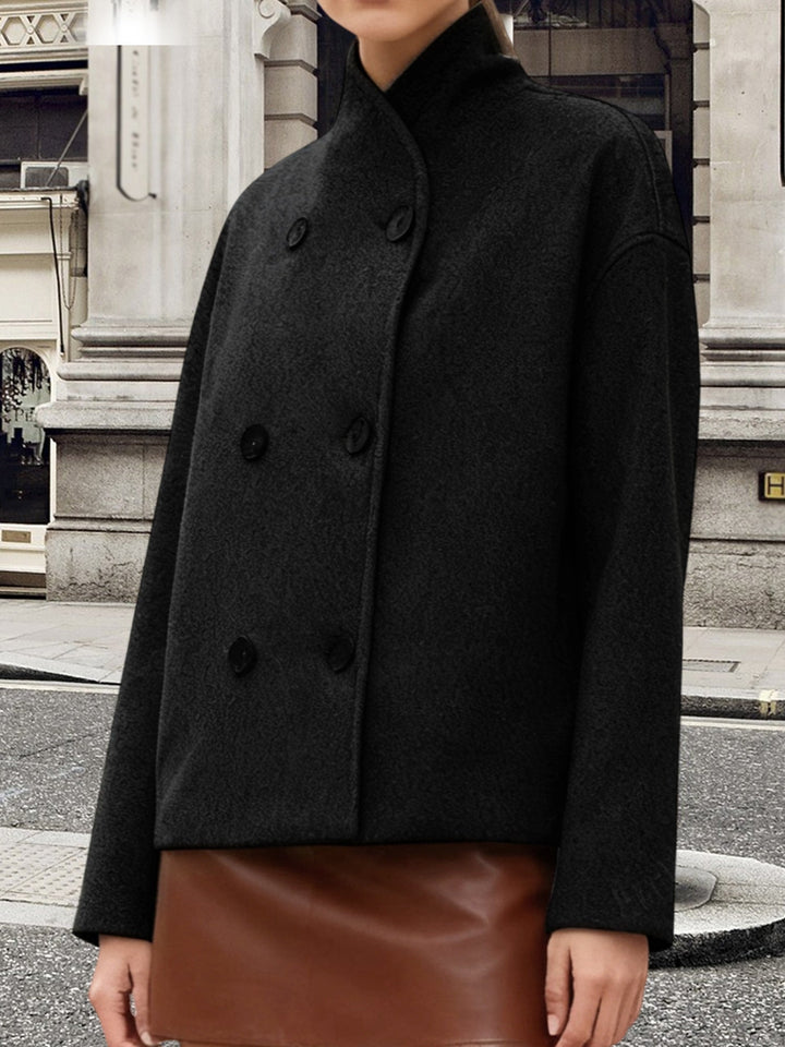 Elegant Wool High Pea Coat for Women with Stand Collar Long Sleeve Double Breasted Cropped Style