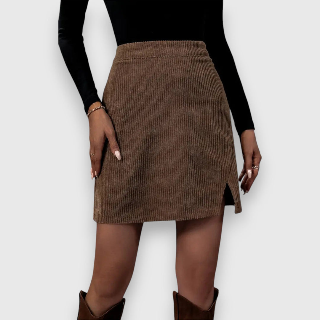 Stylish Brown Mini Skirt for Women with High Waist Corduroy Textured Front Split Fitted Casual Style