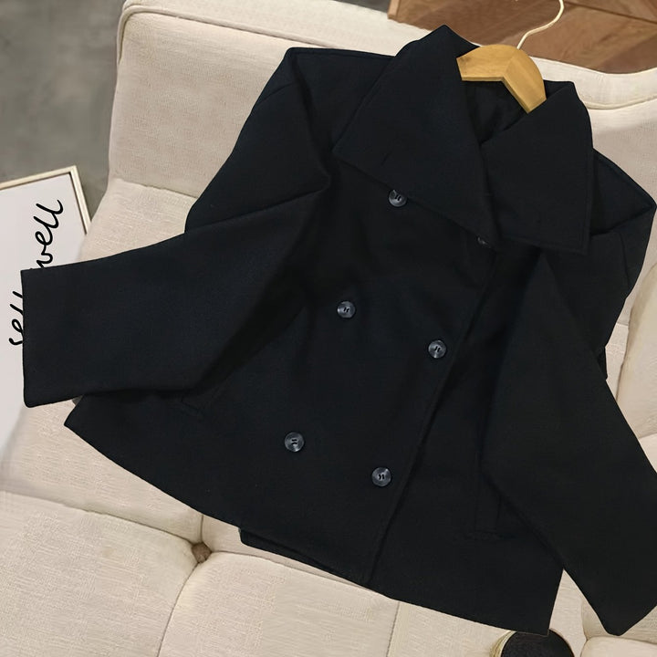 Elegant Wool Pea Coat for Women with Notch Lapel Long Sleeve Double Breasted Cropped Style