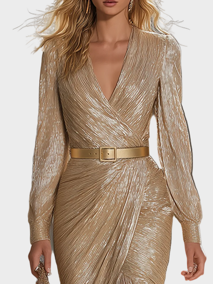 Jollie | Abito Lungo Chic ed Elegante Color Champagne con Scollo a V, Nappe e Brillantezza