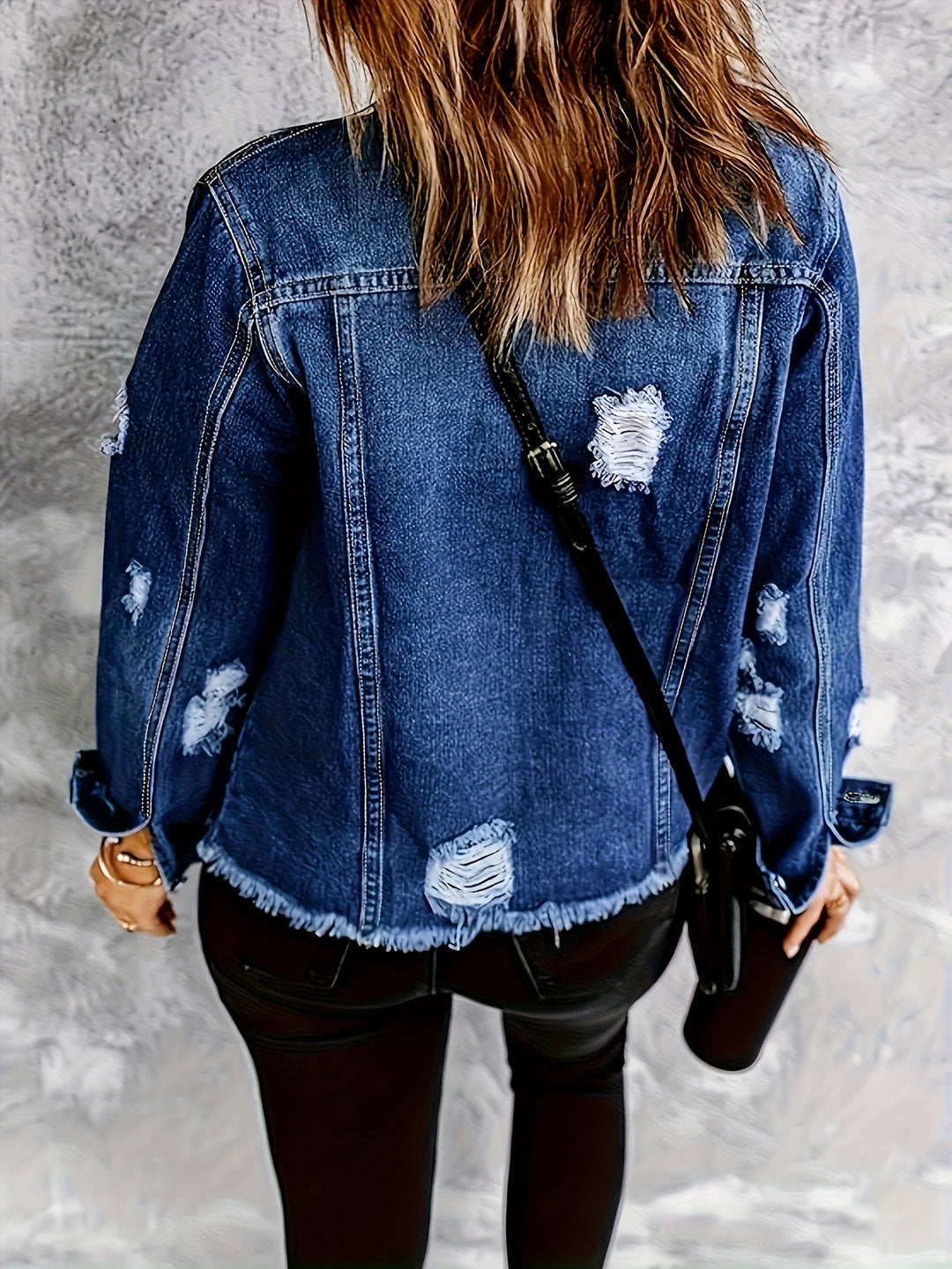 Effortless Deep Blue Distressed Jean Jacket for Women with Collar Long Sleeve Button Front Frayed Relaxed Style