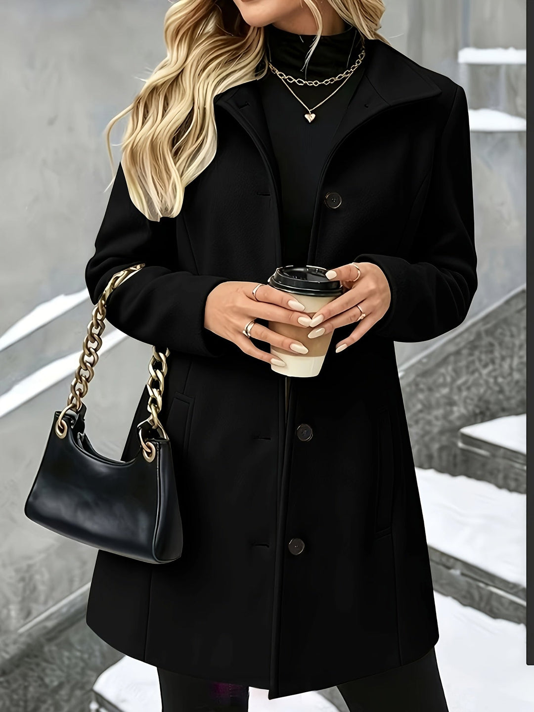 Elegant Wool Coat for Women with Notch Collar Single Breasted Longline Style