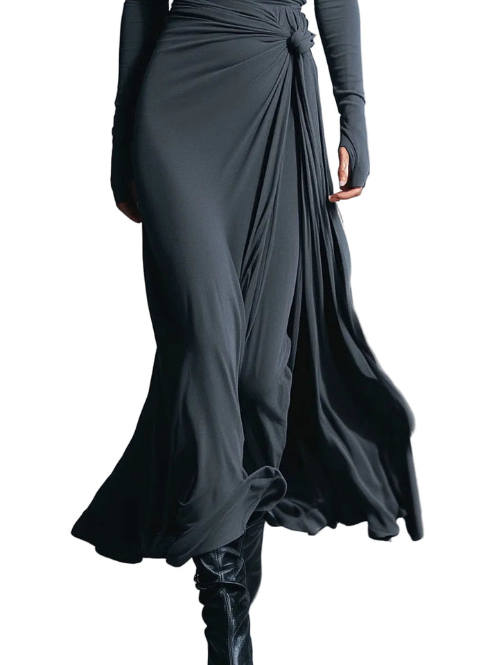 Belle | Women's Gray Exquisite Stretch Blended Fabric Wrap Dress - Knotted Maxi Dress