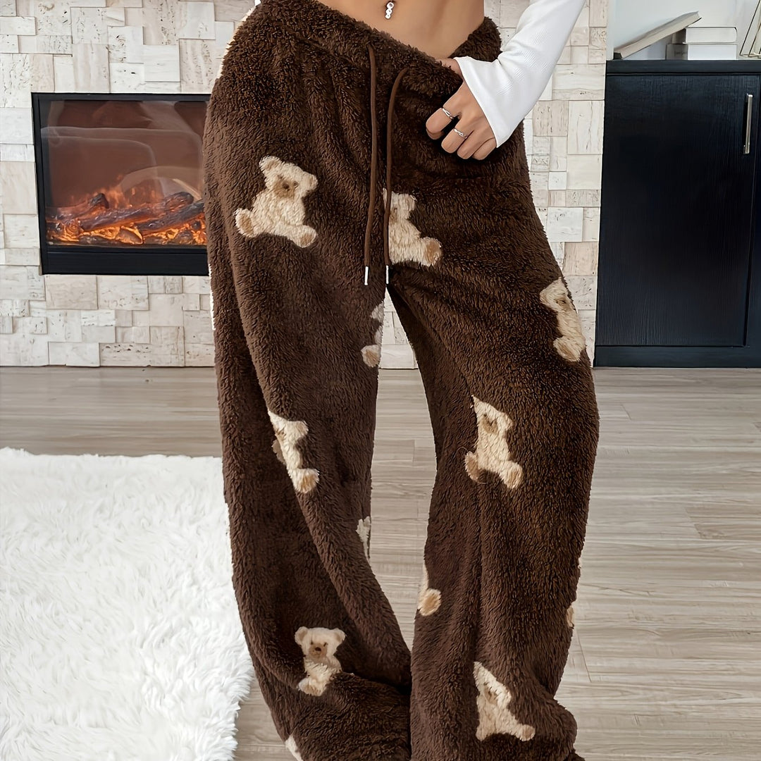Cozy Brown Teddy Bear Sweatpants for Women with Drawstring Waist Wide Leg Plush Fleece Lounge Style