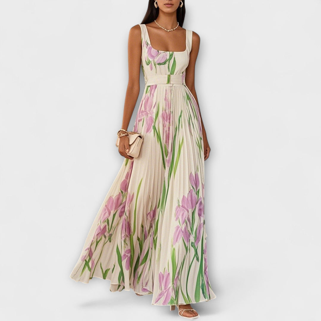 Vestito lungo in chiffon floreale drappeggiato
