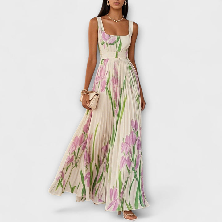 Vestito lungo in chiffon floreale drappeggiato