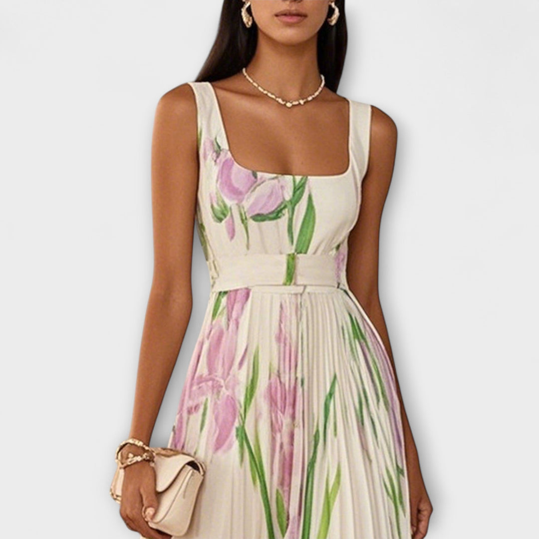 Vestito lungo in chiffon floreale drappeggiato