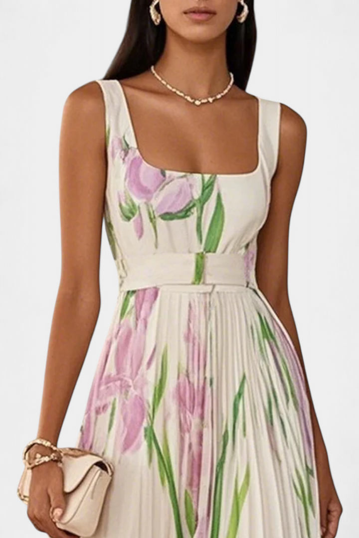 Kalanthi Long Pleated Dress with Floral Pattern and Square Neckline