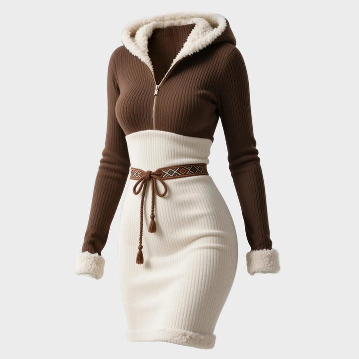Abito da donna Retro Revel | Slim fit con cappuccio, mezza zip, righe verticali e motivo etnico a blocchi di colore