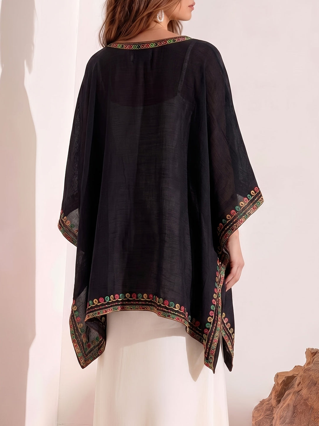 Effortless Poncho Shirt for Women with V Neck Embroidered Trim Draped Kaftan Style