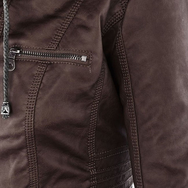 Elegant Brown Leather Jacket for Women with Hooded Long Sleeve Quilted Moto Style