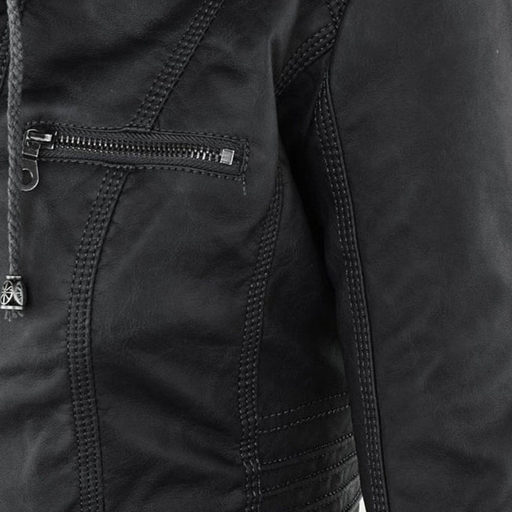 Elegant Brown Leather Jacket for Women with Hooded Long Sleeve Quilted Moto Style