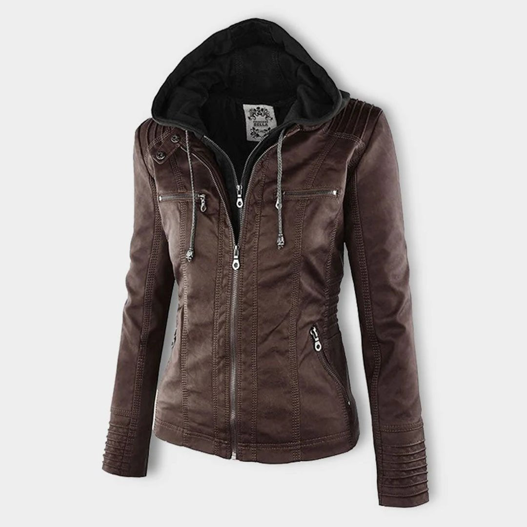 Elegant Brown Leather Jacket for Women with Hooded Long Sleeve Quilted Moto Style
