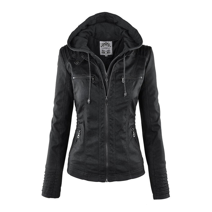 Elegant Brown Leather Jacket for Women with Hooded Long Sleeve Quilted Moto Style