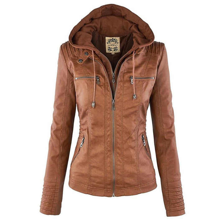 Elegant Brown Leather Jacket for Women with Hooded Long Sleeve Quilted Moto Style