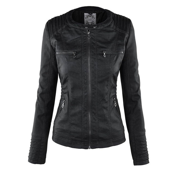 Elegant Brown Leather Jacket for Women with Hooded Long Sleeve Quilted Moto Style