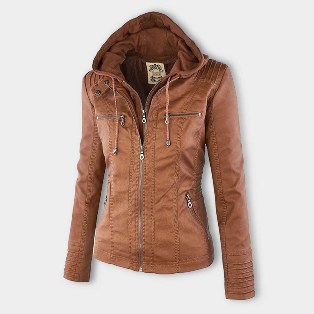 Elegant Brown Leather Jacket for Women with Hooded Long Sleeve Quilted Moto Style