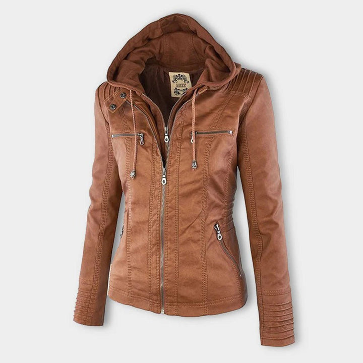 Elegant Brown Leather Jacket for Women with Hooded Long Sleeve Quilted Moto Style