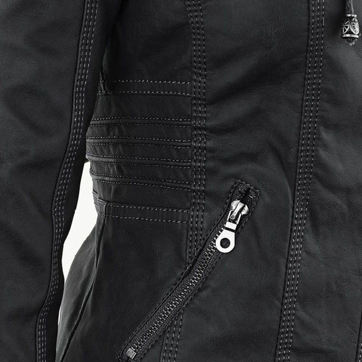 Elegant Brown Leather Jacket for Women with Hooded Long Sleeve Quilted Moto Style