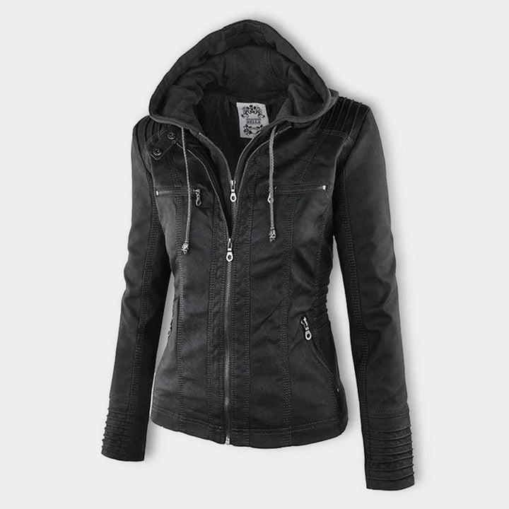 Elegant Brown Leather Jacket for Women with Hooded Long Sleeve Quilted Moto Style
