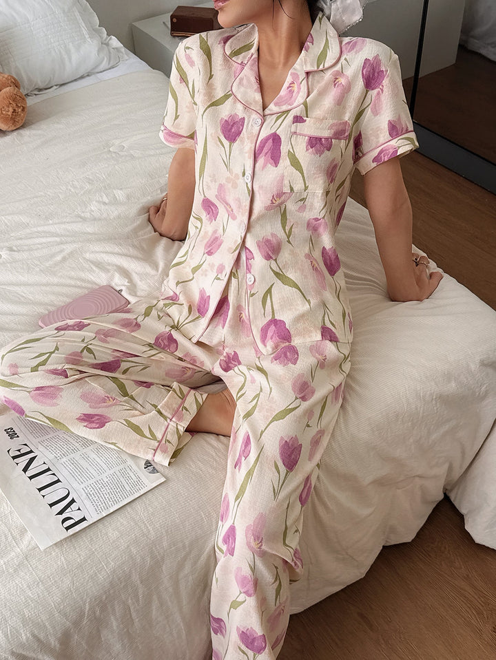 Comfortable Apricot Floral Pajama Set for Women with Notch Collar Short Sleeve Button Front Two Piece Style