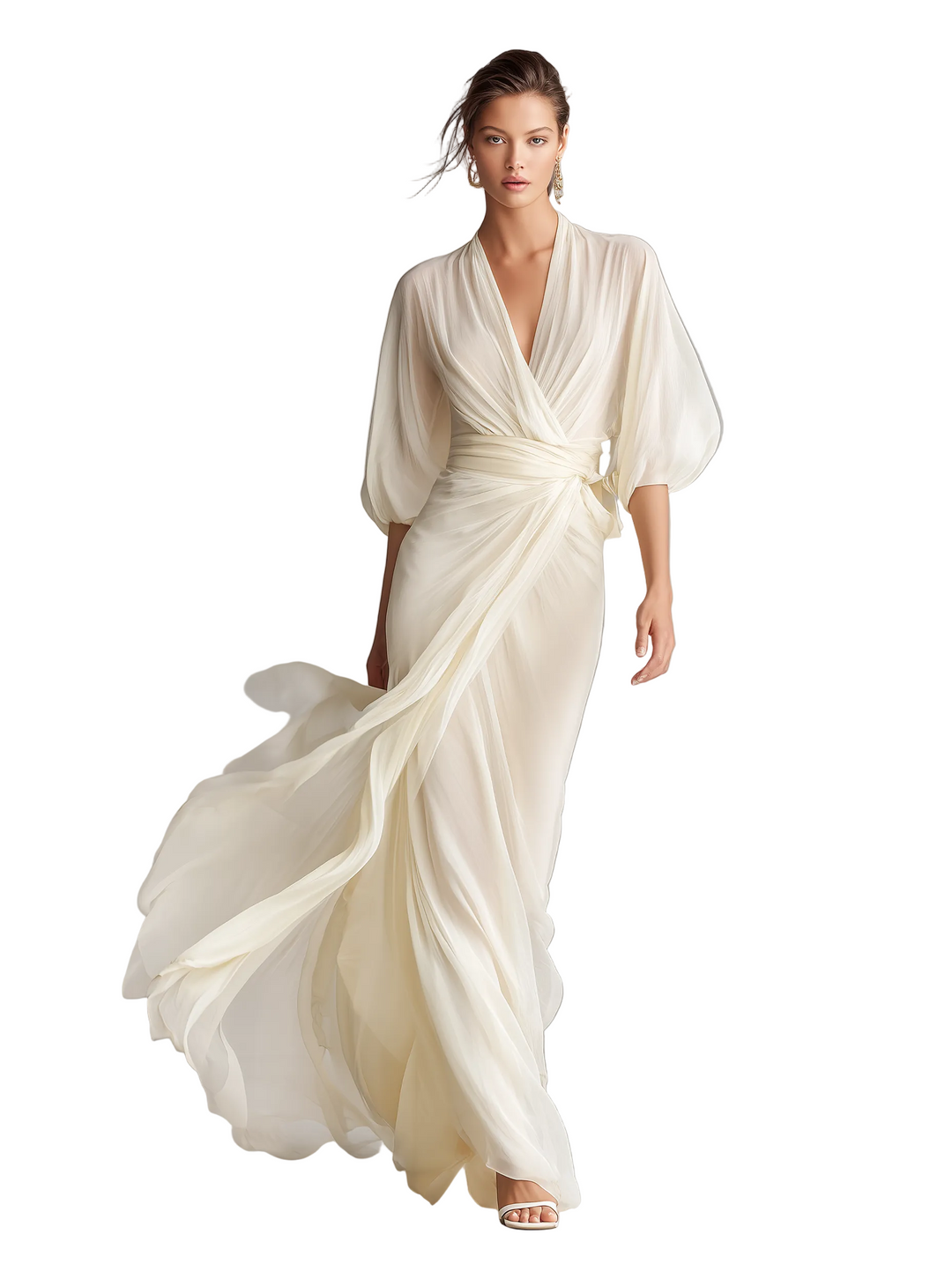 Abito in chiffon velato avorio da donna con maniche a sbuffo e dettaglio incrociato, abito dallo stile romantico e lussuoso senza tempo