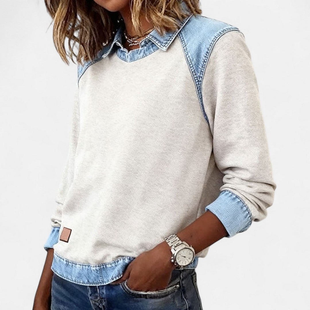 Felpa da donna senza sforzo in denim patchwork con colletto, maniche lunghe raglan e stile casual rilassato