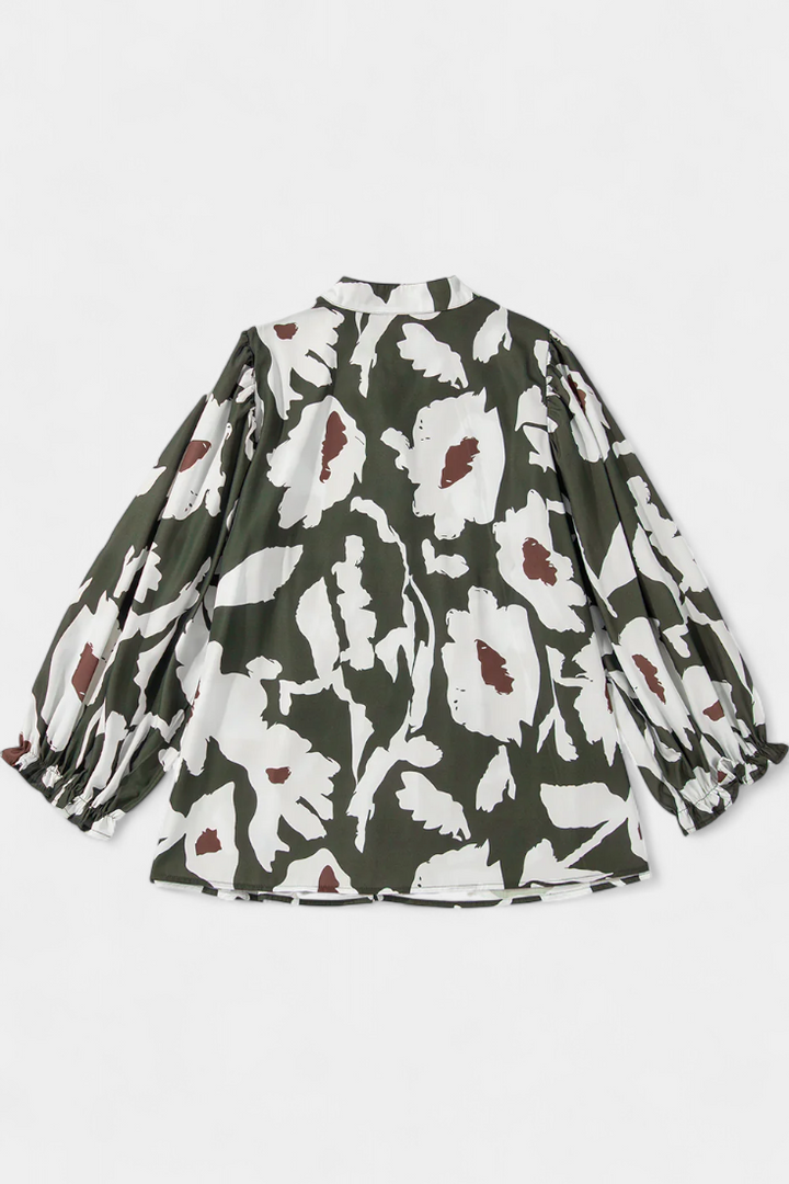 Filomena Blouse with Half Buttons, Puff Sleeves and Abstract Floral Pattern