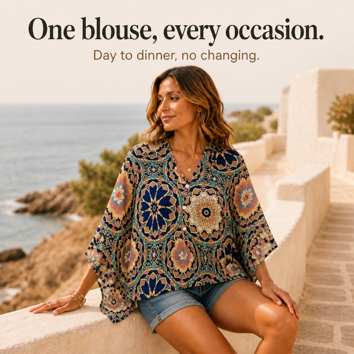 Effortless Mandala Print Poncho Blouse for Women with V Neck Batwing Sleeve Button Front Flowing Style