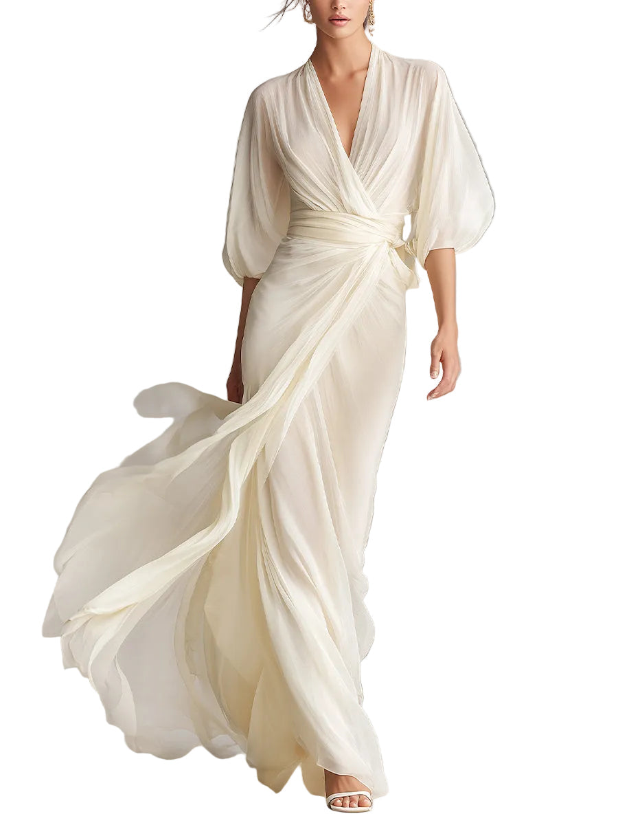Women's Ivory Sheer Chiffon Dress With Puff Sleeves & Wrap Detail, Tim – The Harrington Sisters