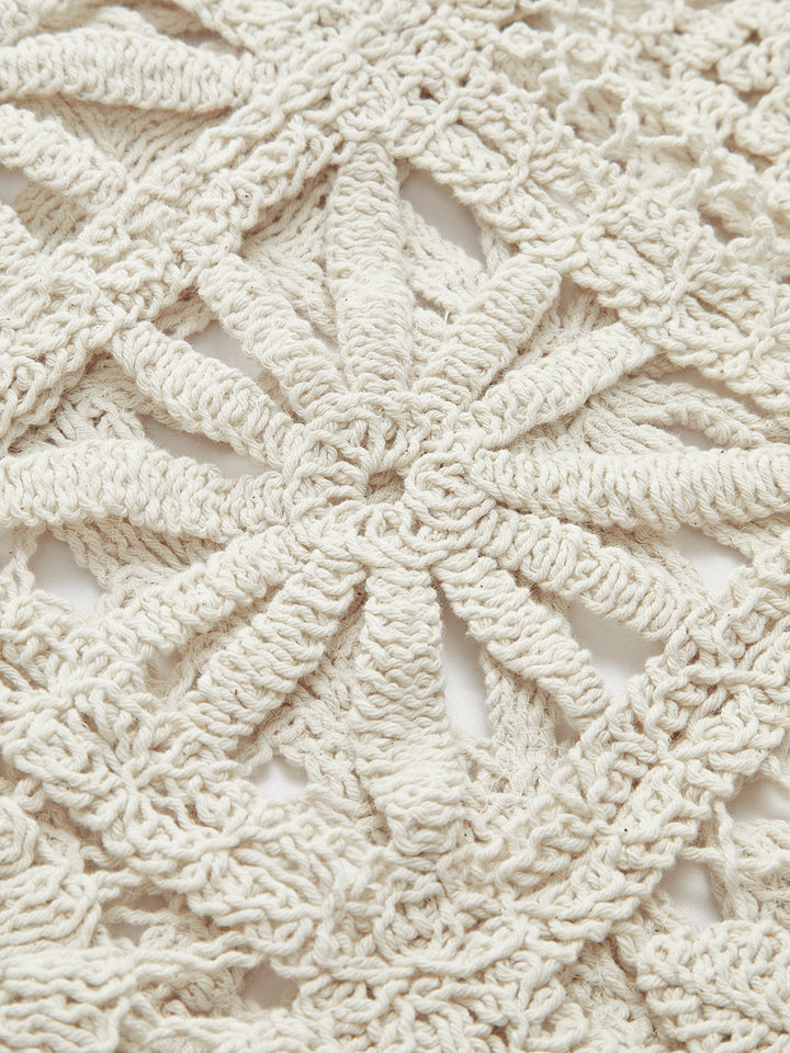 Effortless Beige Crochet Cardigan for Women with V Neck Long Sleeve Button Front Bohemian Style