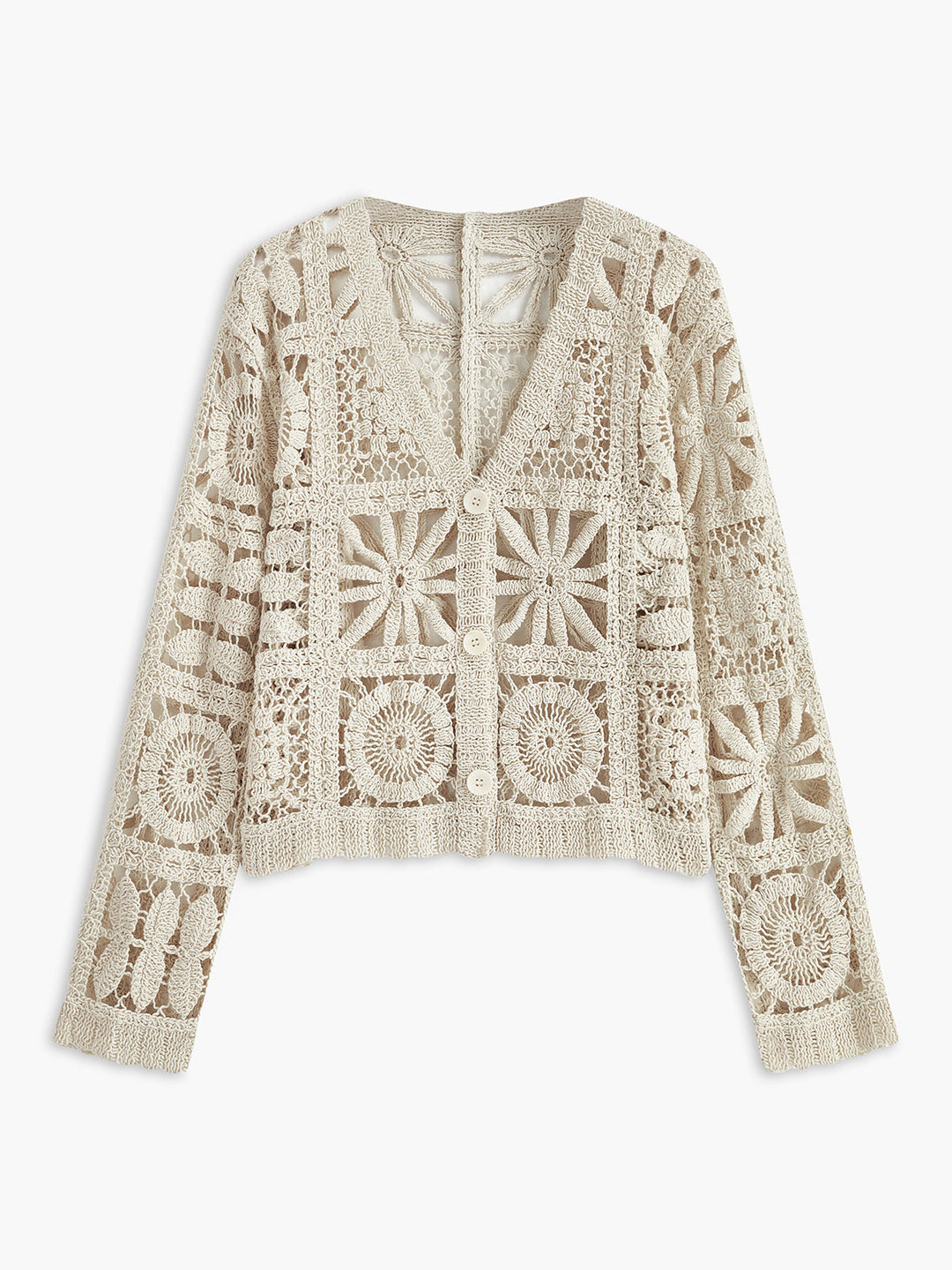 Effortless Beige Crochet Cardigan for Women with V Neck Long Sleeve Button Front Bohemian Style