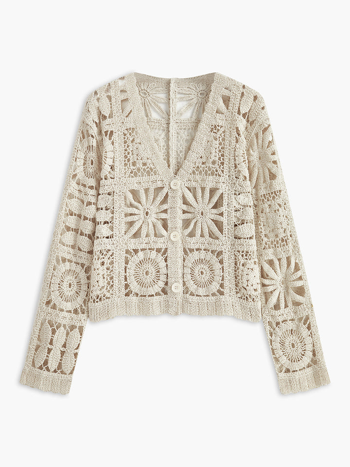 Effortless Beige Crochet Cardigan for Women with V Neck Long Sleeve Button Front Bohemian Style