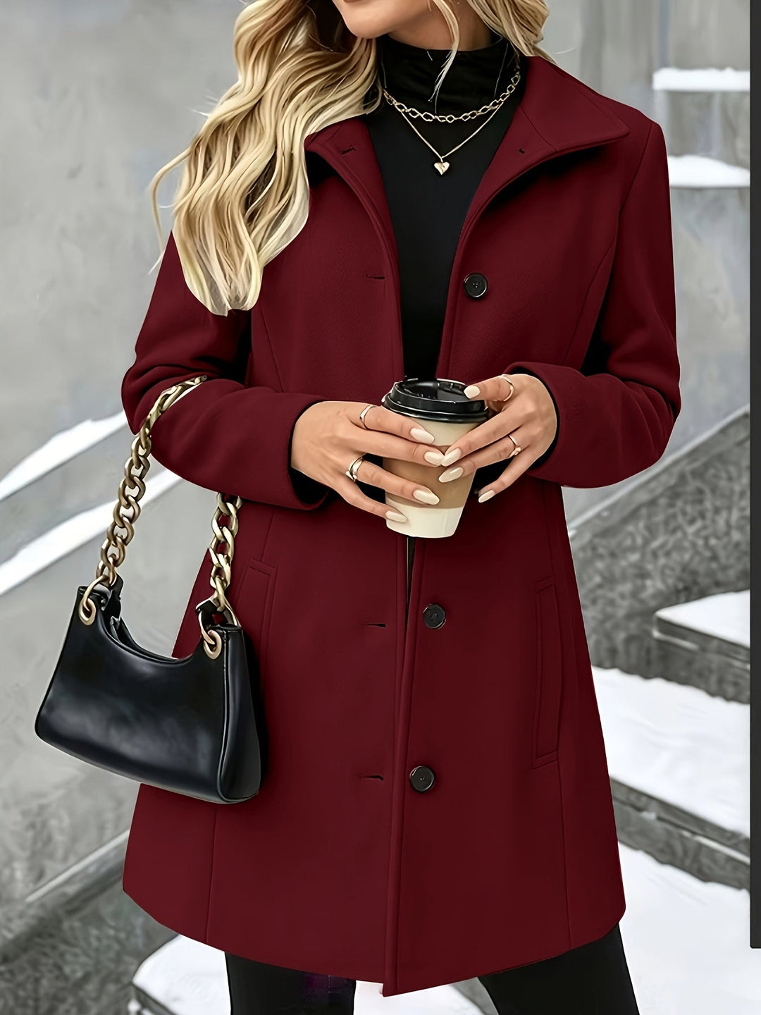 Elegant Wool Coat for Women with Notch Collar Single Breasted Longline Style