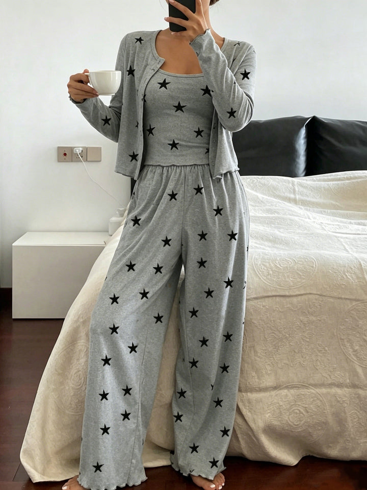 Comfortable Mixed Color Star Print Three Piece Pajama Set for Women with Round Neck Long Sleeve Cardigan Wide Leg Pant Relaxed Style