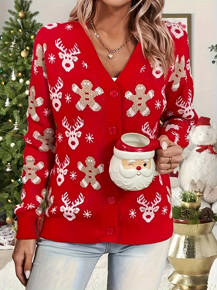 Cozy Red Sequin Christmas Sweater for Women with V Neck Long Sleeve Button Front Cardigan Style