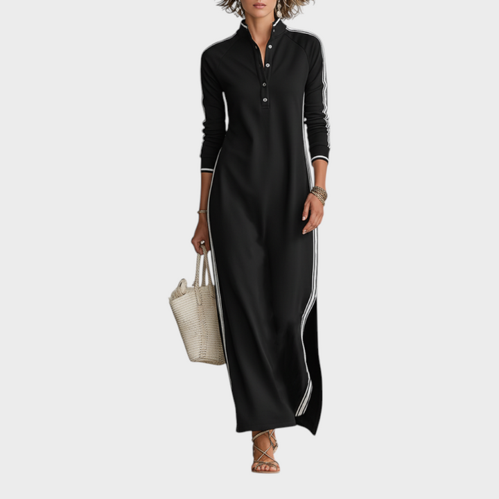 Jenalie | Abito lungo a felpa con colletto button-down e finiture bianche minimaliste da donna MDA0958L0Y