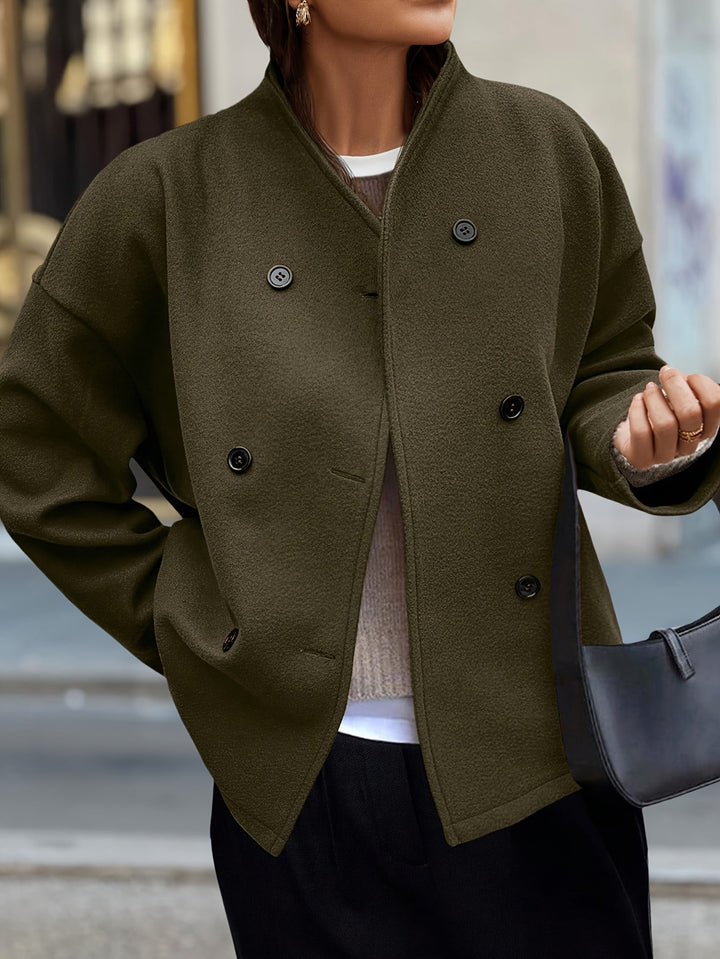 Elegant Dark Green Pea Coat for Women with Stand Collar Long Sleeve Double Breasted Relaxed Style