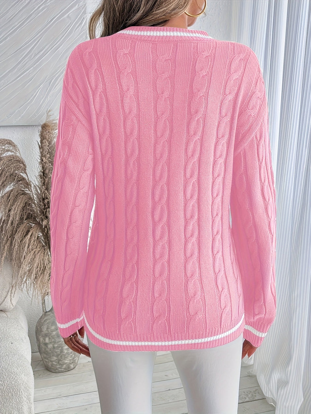 Comfortable Cable Knit Sweater for Women with V Neck Long Sleeve Striped Trim Oversized Knit Style
