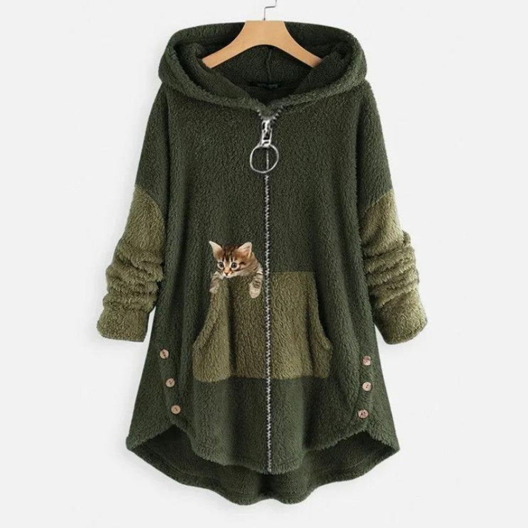 Comfortable Cat Print Fleece Sweatshirt for Women with Hooded Long Sleeve High Low Oversized Casual Style