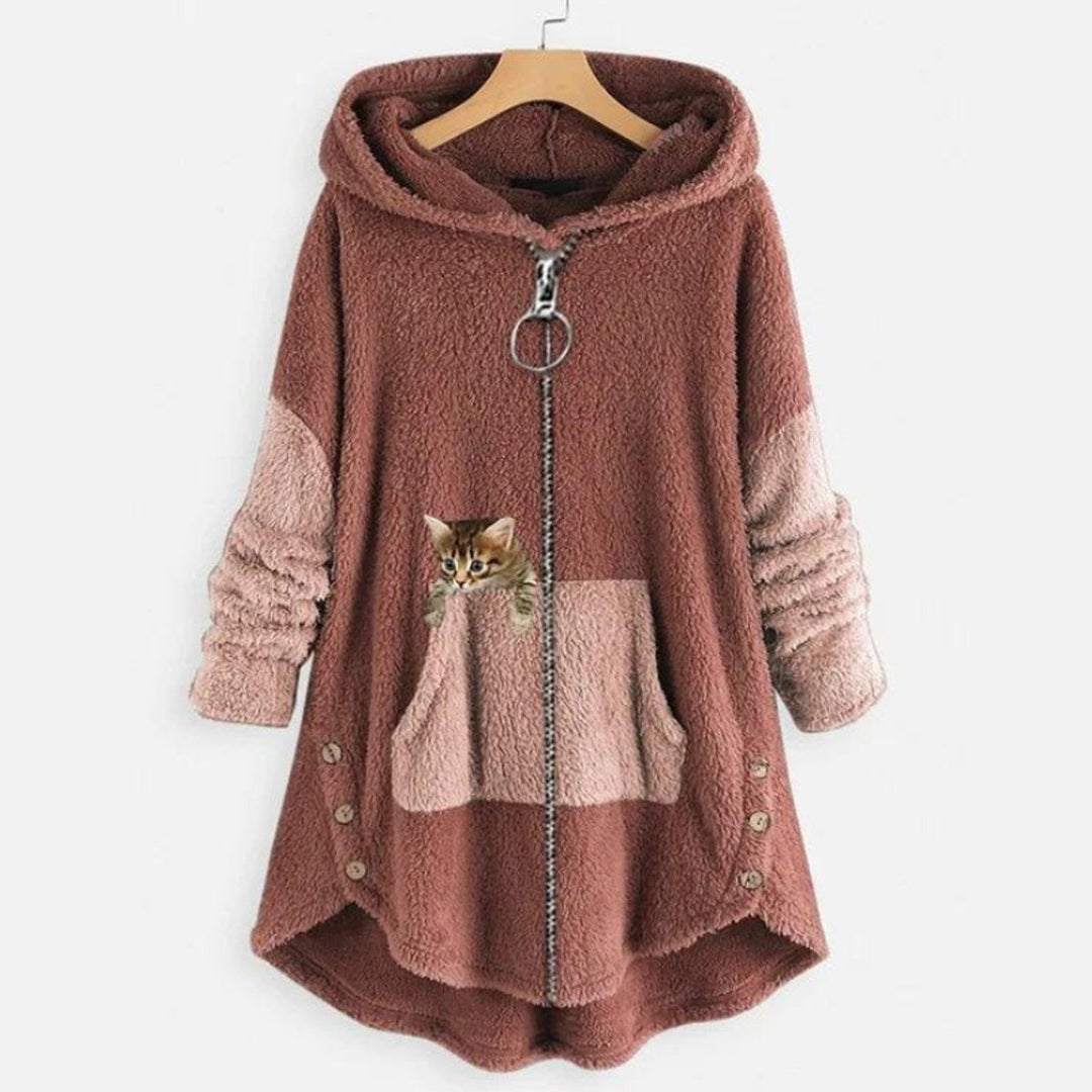 Comfortable Cat Print Fleece Sweatshirt for Women with Hooded Long Sleeve High Low Oversized Casual Style