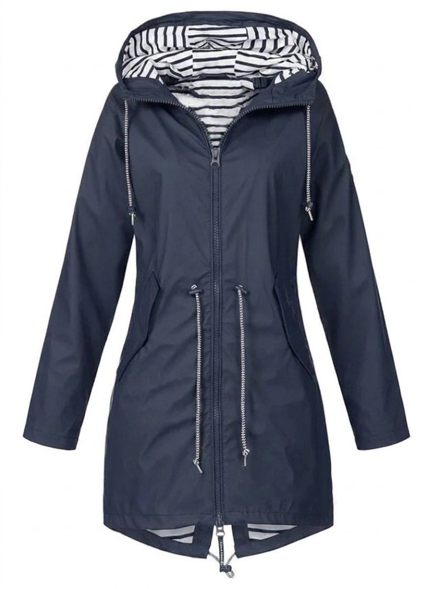 Effortless Striped Lined Rain Jacket for Women with Hooded Long Sleeve Drawstring Waist Casual Style