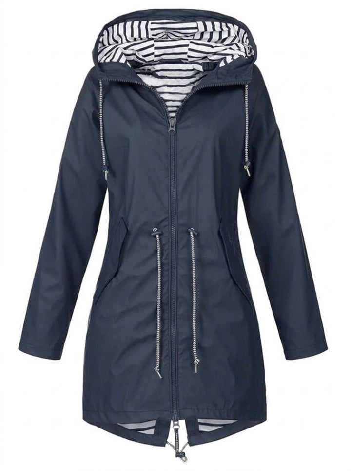 Effortless Striped Lined Rain Jacket for Women with Hooded Long Sleeve Drawstring Waist Casual Style