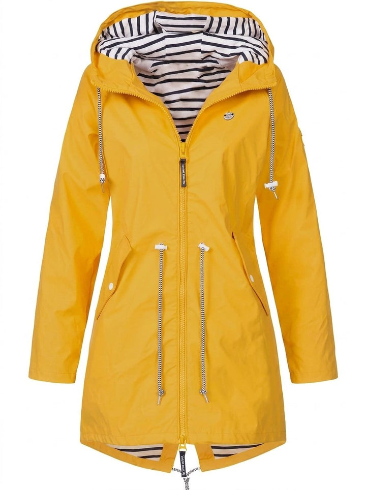 Effortless Striped Lined Rain Jacket for Women with Hooded Long Sleeve Drawstring Waist Casual Style