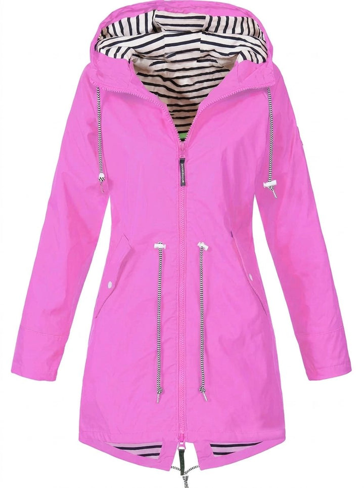Effortless Striped Lined Rain Jacket for Women with Hooded Long Sleeve Drawstring Waist Casual Style