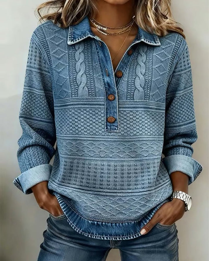 Felpa Donna in Maglia a Treccia Senza Sforzo con Colletto Maniche Lunghe Abbottonatura Frontale Stile Rilassato