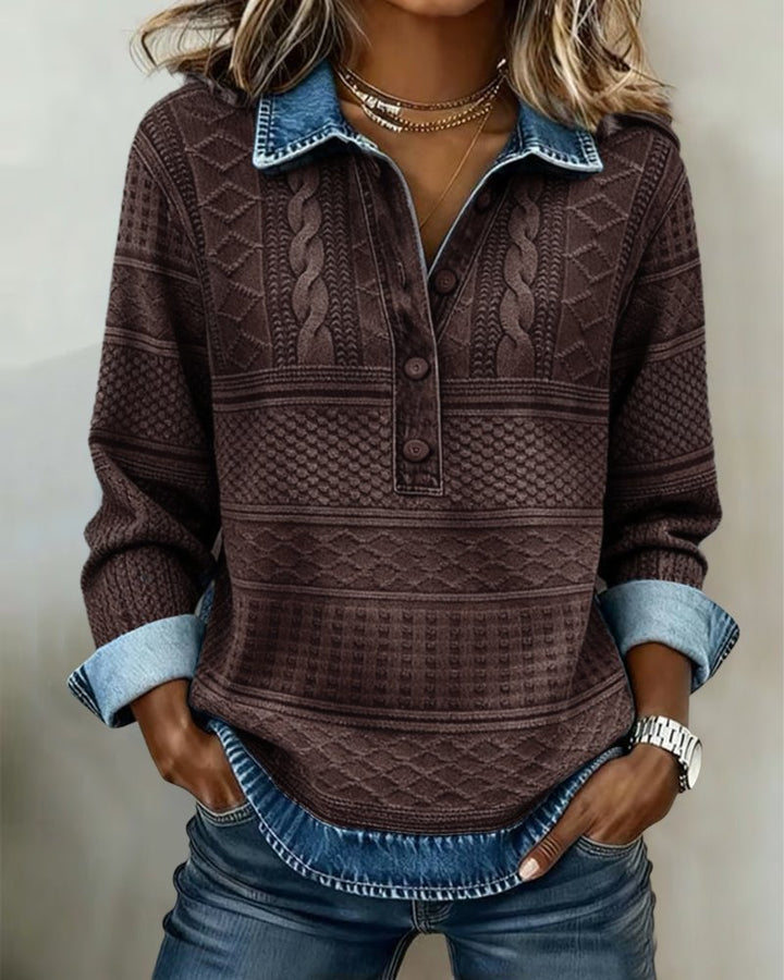 Effortless Cable Knit Sweatshirt for Women with Collar Long Sleeve Button Front Relaxed Style