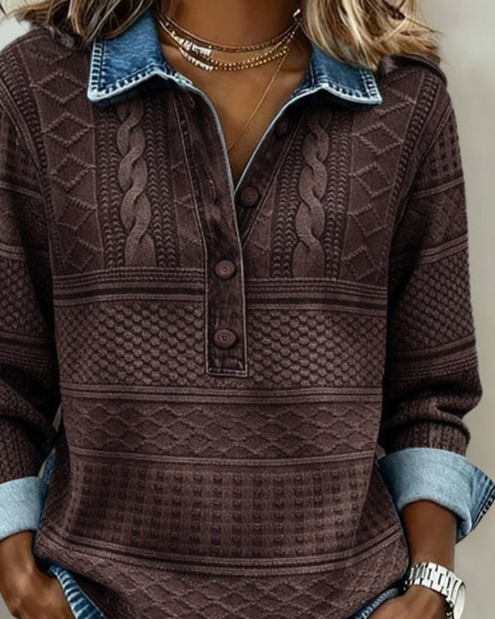 Felpa Donna in Maglia a Treccia Senza Sforzo con Colletto Maniche Lunghe Abbottonatura Frontale Stile Rilassato