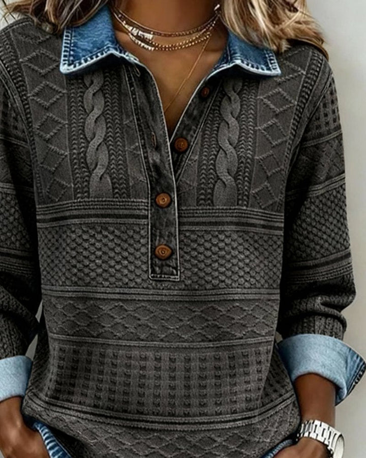 Effortless Cable Knit Sweatshirt for Women with Collar Long Sleeve Button Front Relaxed Style