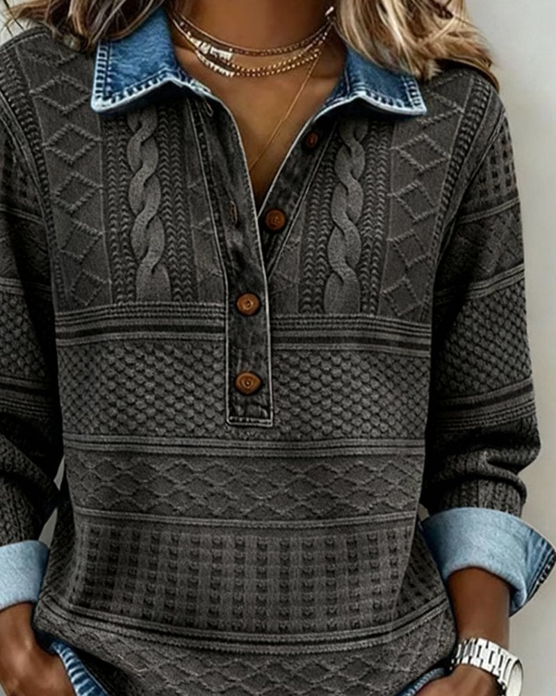 Felpa Donna in Maglia a Treccia Senza Sforzo con Colletto Maniche Lunghe Abbottonatura Frontale Stile Rilassato